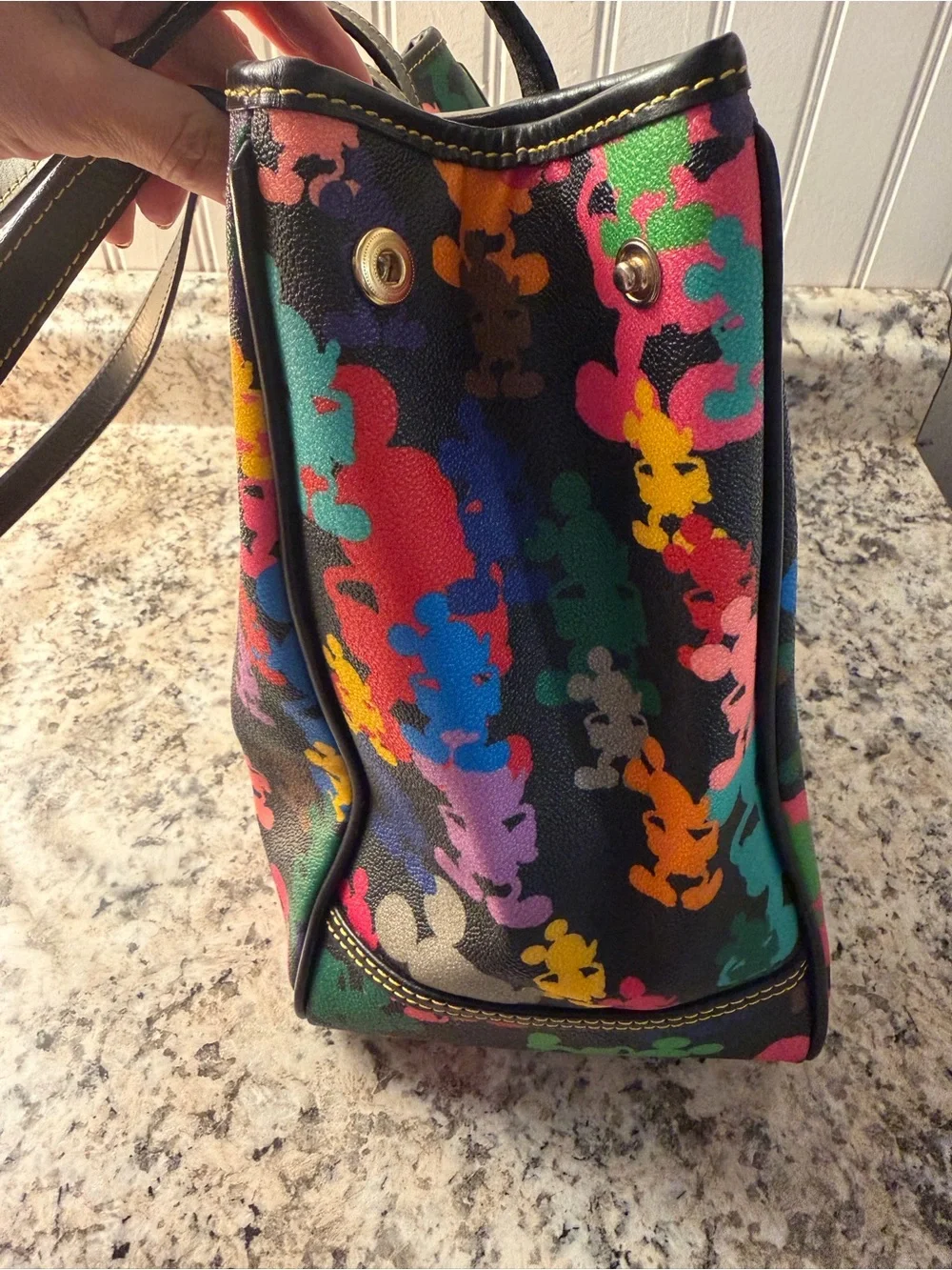 Disney Dooney & Bourke Black Multicolor Mickey Print Tote Purse Black Leather